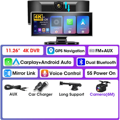 Srnubi 11.26 Inch 4K Dash Cam Wireless CarPlay & Android Auto Portable Car DVR Intelligent Systems Video Recorder GPS Navigation