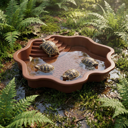Turtle Bathing Pool Plastic Reptile Water Bowl with Ramp Non Slip Feeding Tray for Tortoise Gecko Frog Snake Terrarium Decor