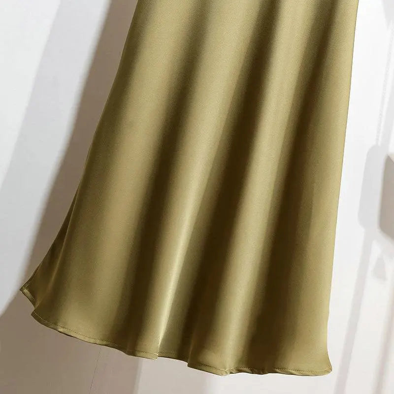 Botvotee Elegant Satin Long Skirt for Women Spring Summer 2025 Office Ladies Korean Style Loose Elastic Band Midi Skirts