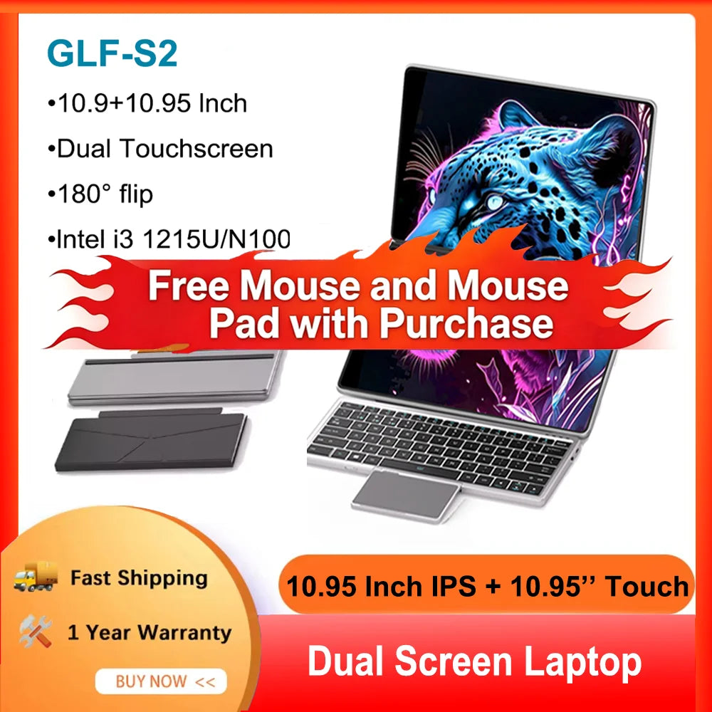 GLF-S2 10.9+10.95 Inch Dual Screen Laptop Intel I3 1215U N100 Touchscreen Notebook WIFI 6 180° Flip Win11 Laptop Tablet Computer