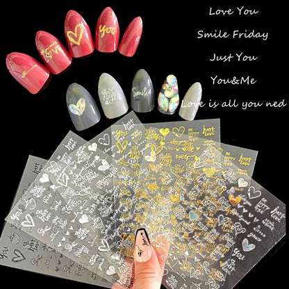 6Pcs/Pack Laser Gold Silver 3D Nail Art Stickers Love Heart Letter Image Nail Decoration Ins Style Sticker DIY Foils Accessories
