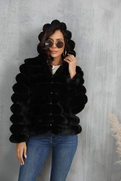 2026 Faux Fur Women Coats Hooded Full Sleeve Short Coat Zipper Thick Warm Solid Temperament Elegant Splice Autumn Winter