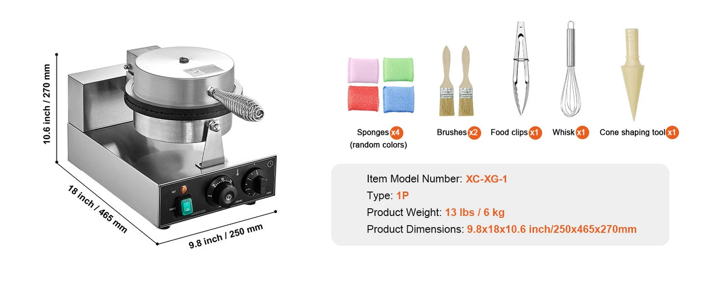 SucceBuy Electric Ice Cream Cone Maker Commercial Non-Stick Stainless Steel Egg Roll Mold with Temperature and Time Control