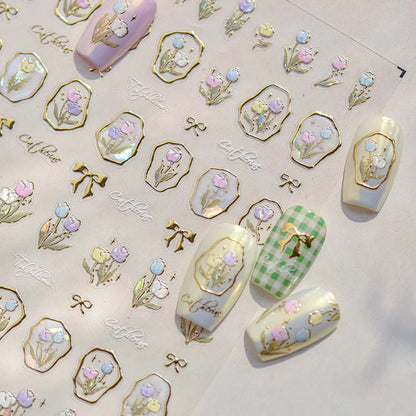 Retro Sunflower Nail Stickers Mixed Style 5D Bronzing Photo Frame Luxury Nail Art Decorations Decals Stickers Press On Nails DIY
