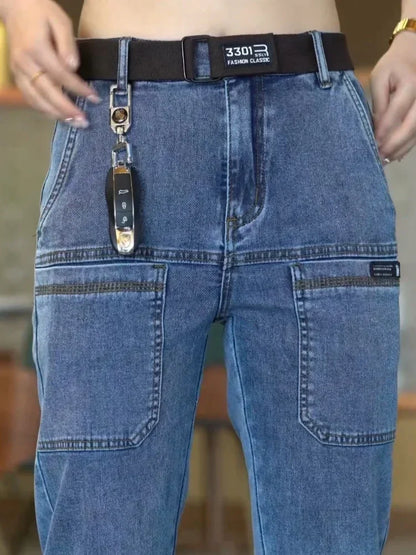Spring Summer Thin Six Pocket Men's Jeans Elastic Straight Leg Casual Slim Fit Jeans Versatile Multi-Pocket Long Y2K Denim Pants