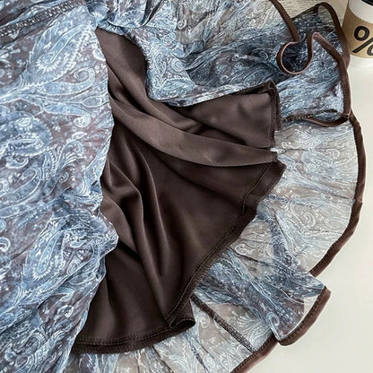 High Waisted Printed Vintage Long Skirts Women Korean Loose Pleated A Line Mesh Skirt Woman Big Hem Mid Length Tulle Skirts