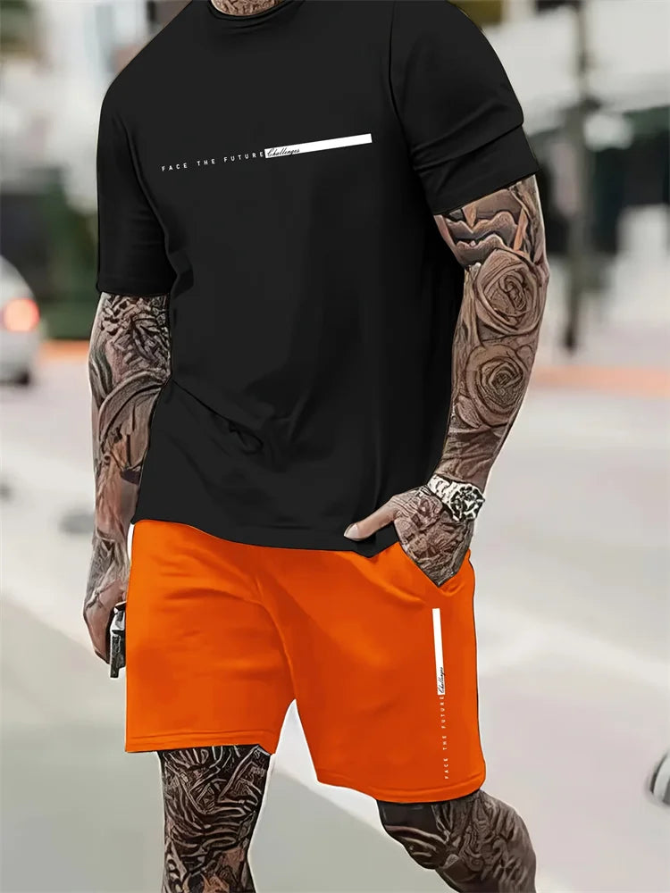 2025 New Men's Summer Round Neck Short Sleeve Suit Outdoor Sports Breathable Comfortable Shorts Suit Letter Print Casual Suit