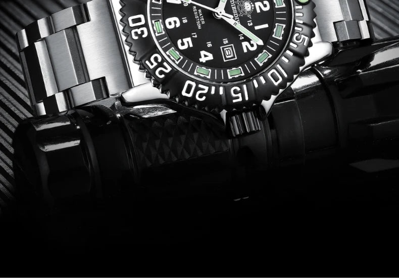 Addies Dive Men Fashion Casual Watch Calendar Display 50m Waterproof Tube Luminous Watch Black Dial Rotating Bezel Quartz Watch