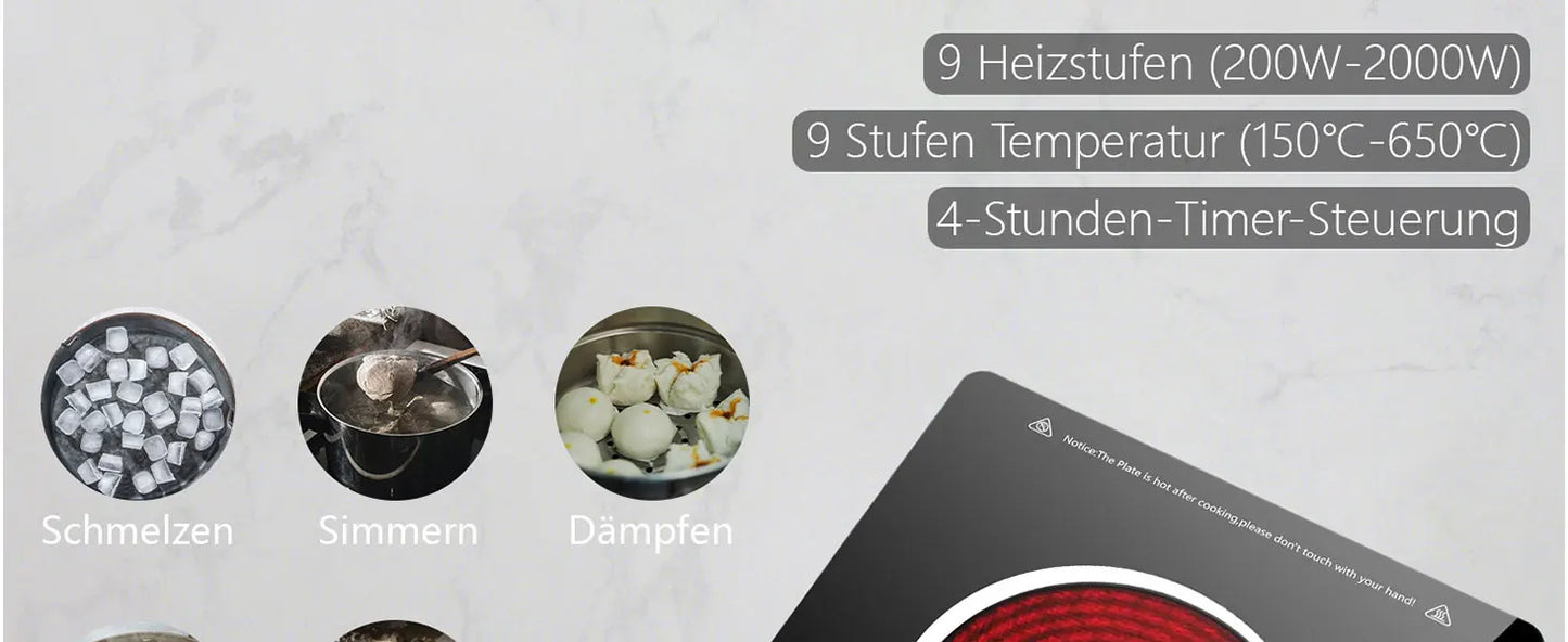 Karinear Glass Ceramic Hob 1 Plate Portable, 650 °C Max, Ceramic Hob 1 Freestanding, 2000 W, Hob 1 Hob with Plug, Timer