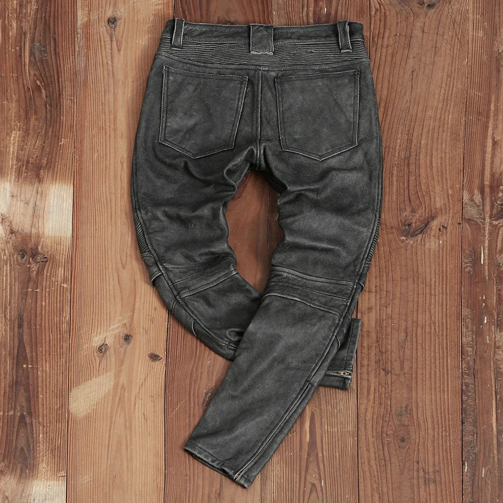 Men's Vintage Gray Black Motorcycle Style Trousers Genuine Thick Cowhide Biker's Pants Real Natural Leather Skinny Pants 4XL