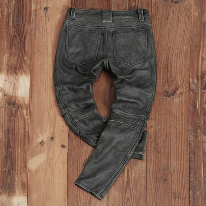 Men's Vintage Gray Black Motorcycle Style Trousers Genuine Thick Cowhide Biker's Pants Real Natural Leather Skinny Pants 4XL
