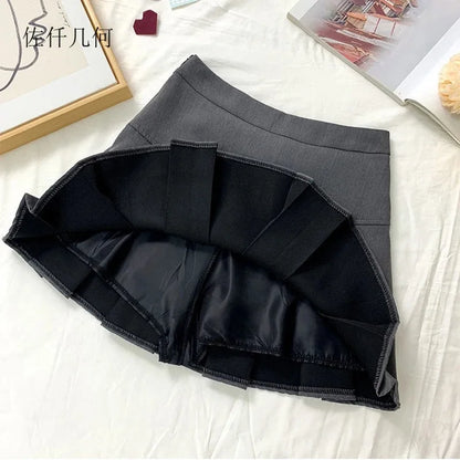 2025 New Black and Grey Pleated Skirt Women High Waist Mini Vintage Solid Skirts Korean Fashion School Uniform Streetwear