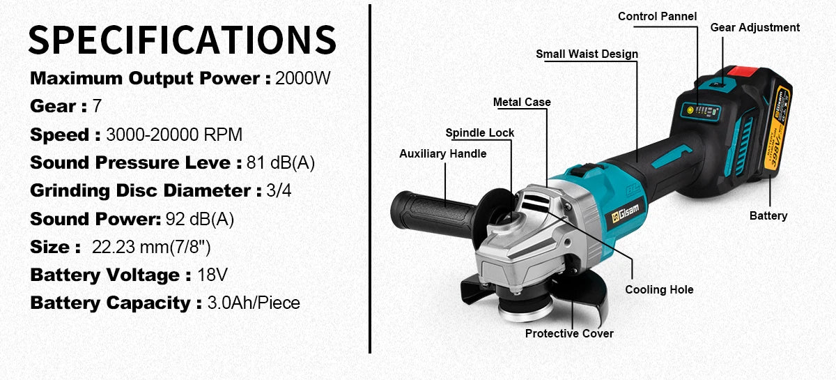 Gisam 125mm M14 Brushless Angle Grinder 7 Gears Cordless Grinding Machine Cutting Woodworking Tools For Makita 18V Battery Pins