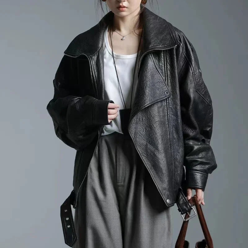 New Outerwear Leather Jacket Women American Retro Top Sheepskin Bubble Leather Double Lapel Loose Profile Coffee Locomotive Coat