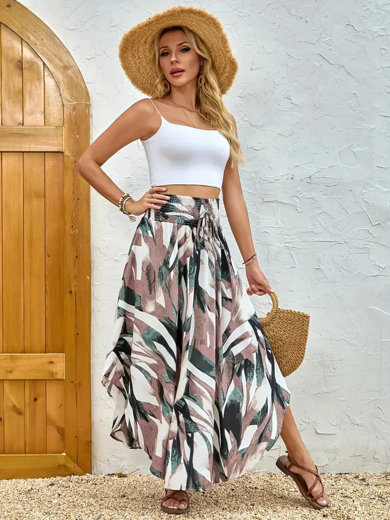 Bohemian Boho Vintage Floral Print Skirts Women Summer High Waist A-Line Pleated Elastic Long Skirts Casual Holiday Beach Skirt