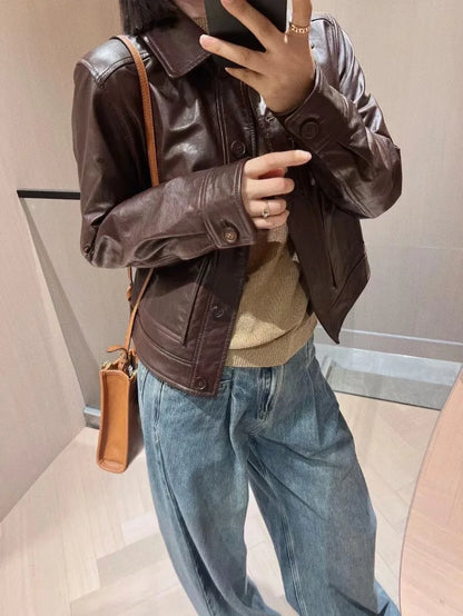 British Style Lapel Genuine Leather Jackets for Women Fashion Single-breasted Pockets Female Brown Casual Short Sheepskin Jacket