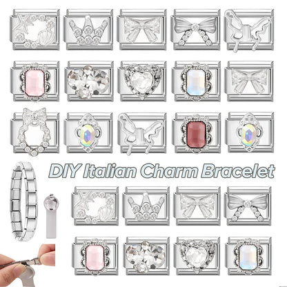 Y2K Butterfly Bow Knot Heart Star Moon Zircon Daisy Cross Italian Charm Links Fit 9mm Stainless Steel Bracelet DIY Making Gifts