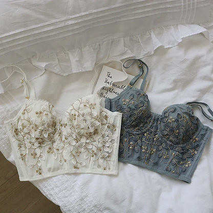Three-Dimensional Embroidered Bra Sexy Lace Fish Bone Corset Widened Breasted With Steel Ring 2/1 Half Cup Bralette Underwear