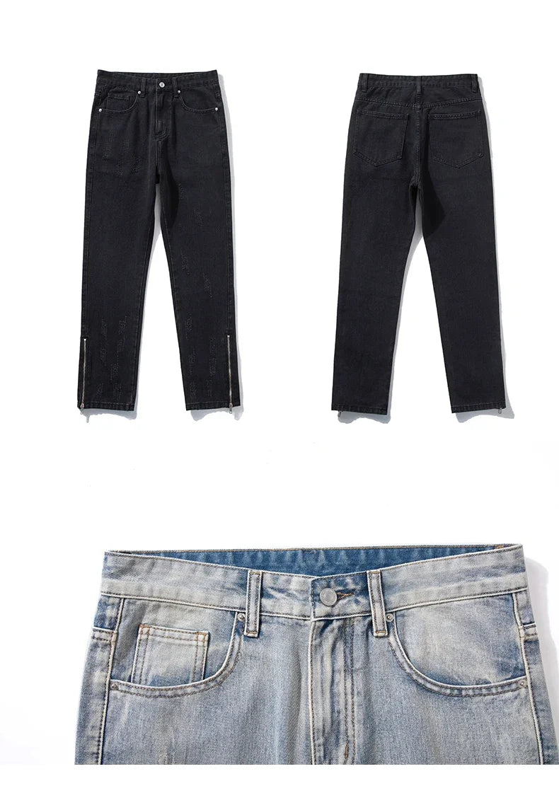 2024 Spring Autumn Korean Men Fashionable Retro Street Jeans Zip Design on Trouser Legs Straight-leg Denim Pants Men's Clothing