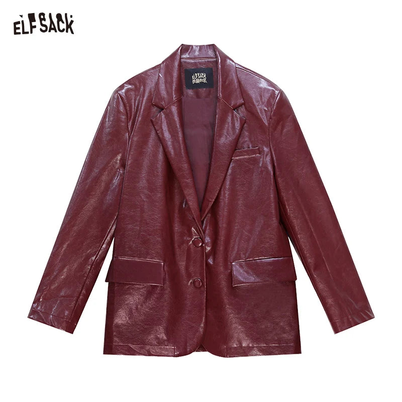 ELFSACK Women's Faux Leather Blazer Oversized Wine Red Long Sleeve Casual Office Wear Jacket Fashion Streetwear Coat