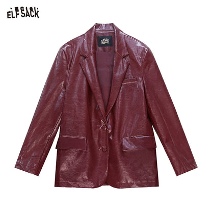 ELFSACK Women's Faux Leather Blazer Oversized Wine Red Long Sleeve Casual Office Wear Jacket Fashion Streetwear Coat