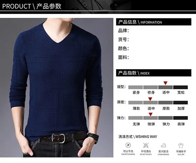 Autumn Winter New Men V-neck Pullover Sweaters Plaid Casual Korean Clothing Tees Fashion Slim Long Sleeve Bottoming Knitted Tops