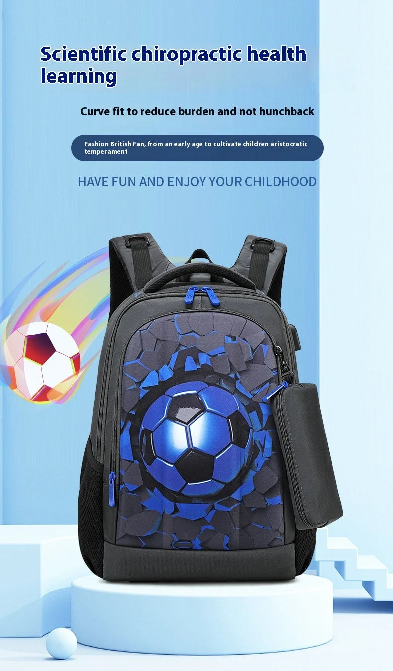 Boys Black Football Backpacks Hard Shell Orthopedic Middle School Student Book Bags USB Charge Multifunctional Bagpack