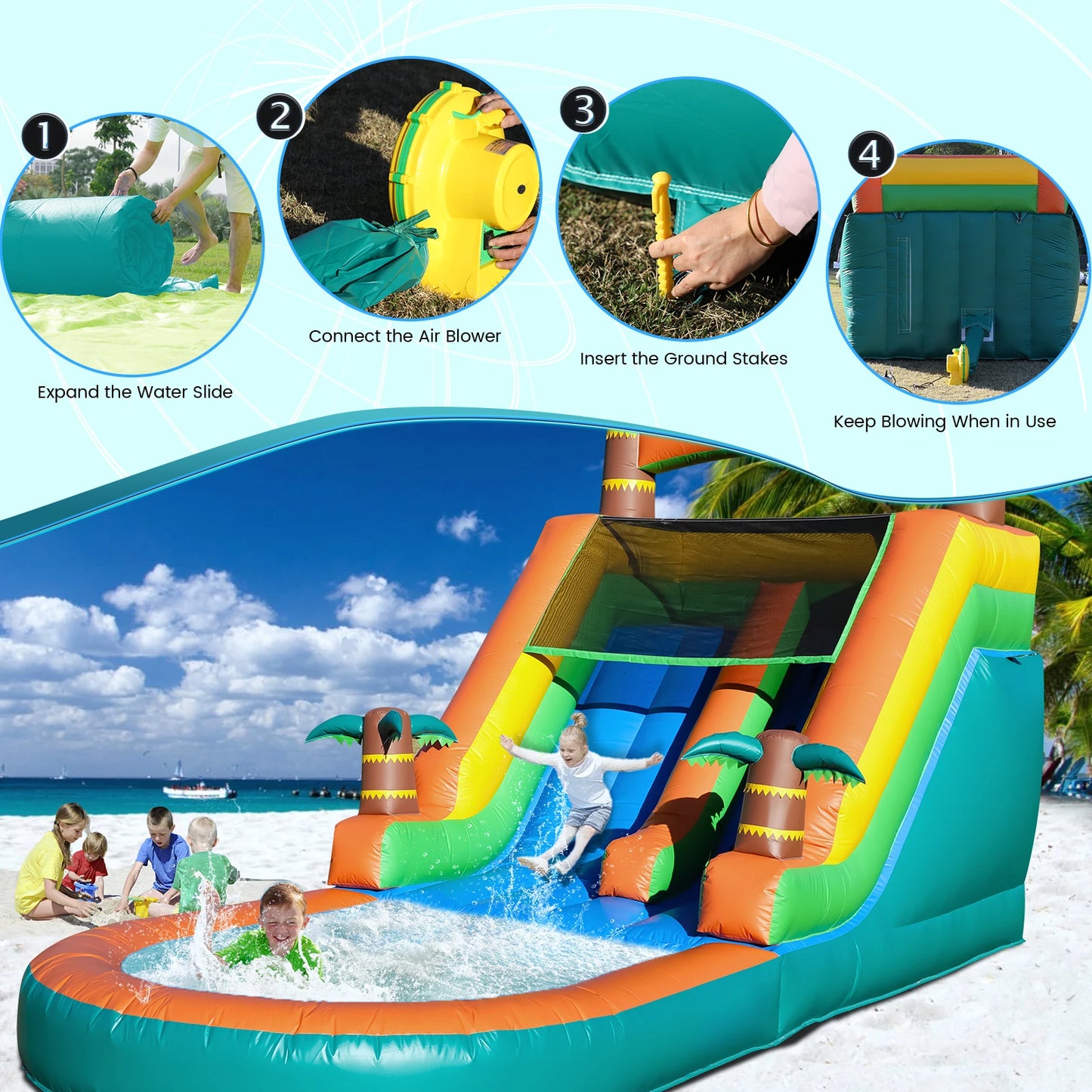 6.4m Commercial Inflatable Bounce House Tropical Water Slide Pool 950w Blower Children's playground, children's toys