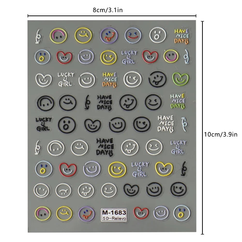 5D Exquisite Smiling Face Nail Stickers Embossed Japanese Macaron Nail Art Self-Adhesive Decorations Accessories DIY