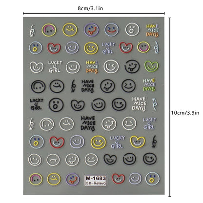 5D Exquisite Smiling Face Nail Stickers Embossed Japanese Macaron Nail Art Self-Adhesive Decorations Accessories DIY