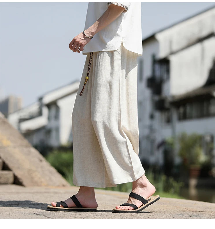 Men Loose Fit Shorts Summer Breathable Casual Pants Wide Leg Linen Cotton Plus Size5XL Comfortable Outdoor Harajuku Trousers Men