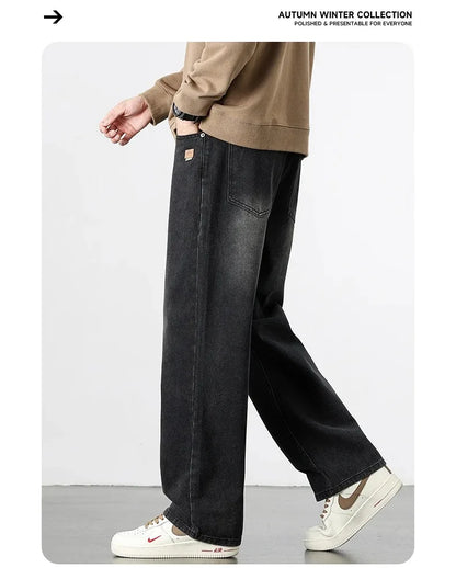 Spring Autumn American Retro Straight Jeans Men Streetwear Korean Fashion Loose Baggy Wide Leg Denim Pants Male Casual Trousers