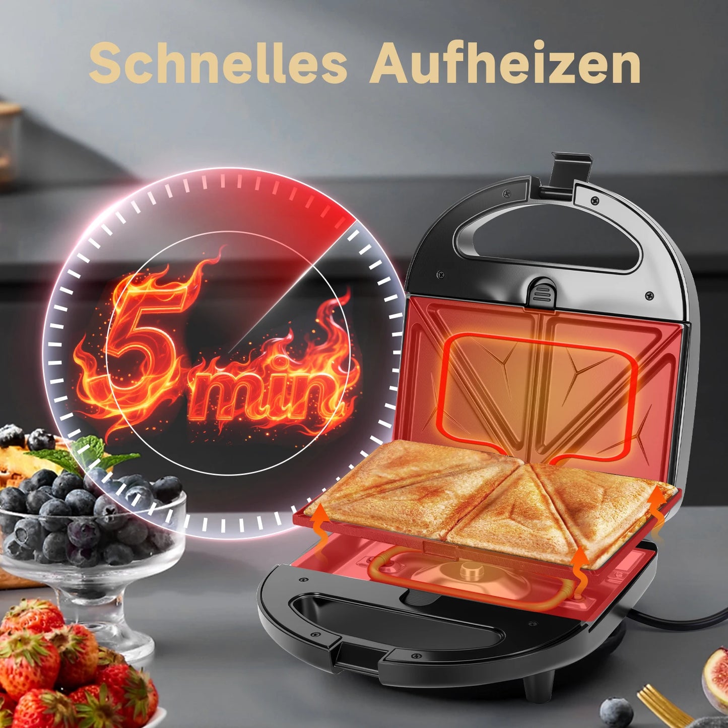 Aigostar 750W Sandwich Maker/Grill/Waffle 3 in 1. Compact Size with Automatic Thermostatic System, Non-Stick and Removable Plate