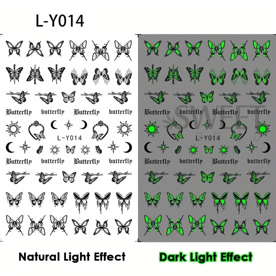 3pcs Luminous Butterfly Nail Decal Stickers Colorful Blue Butterfly Series Design Glow In The Dark Night Polish Sliders Manicure