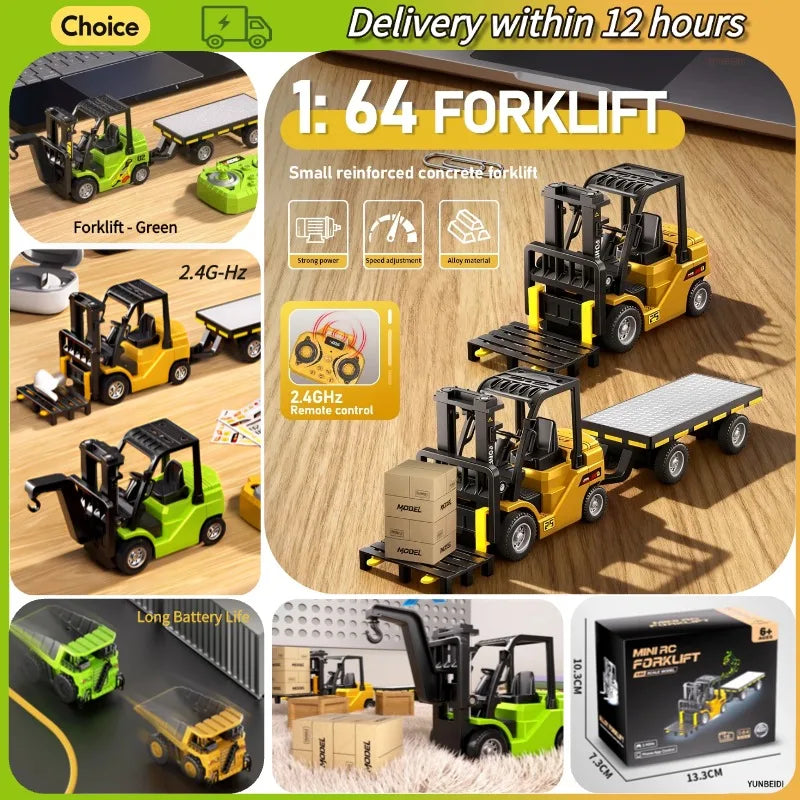 1:64 Remote Control and Alloy Truck Forklift with Trailer Worktop Mini Bluetooth RC Elevator Vehicle Children's Toy Holiday Gift