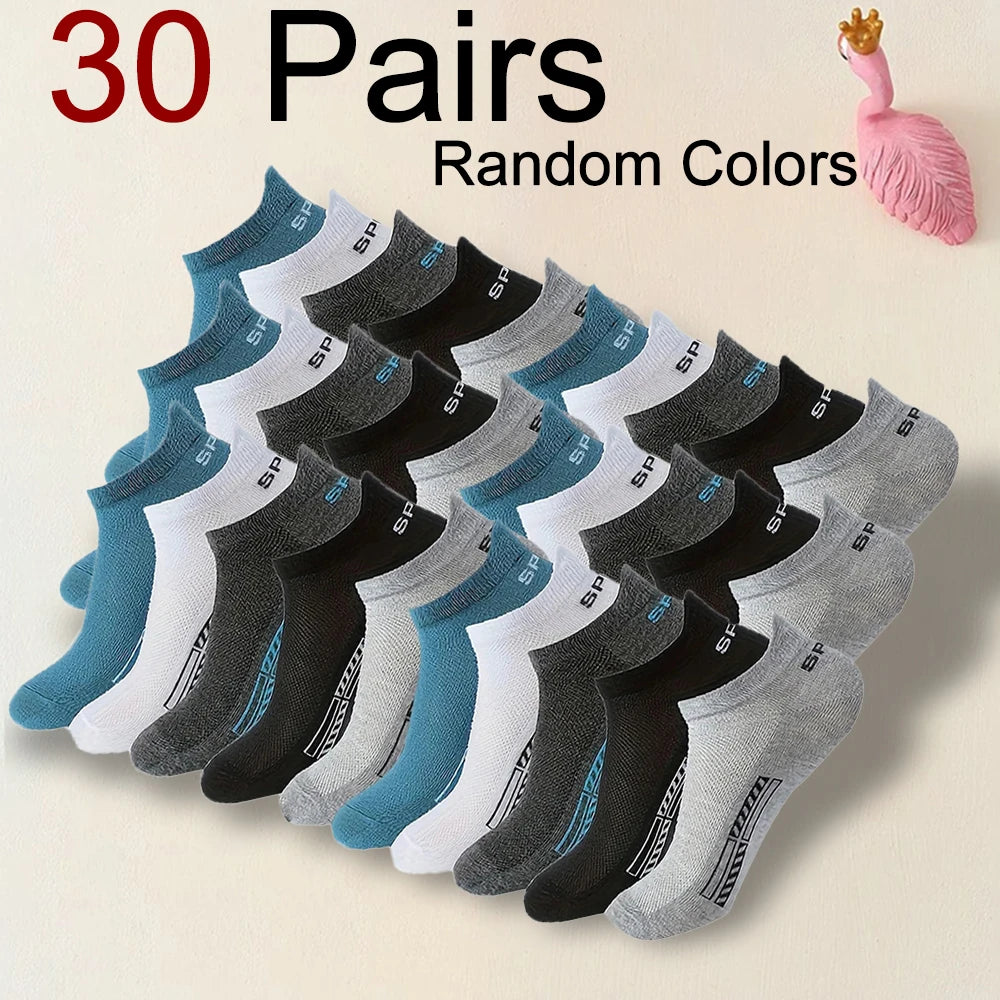 5/10/20/30 Pairs Men Ankle Socks Fashionable Letter Sports Style Odor Proof Sweat Absorbing Breathable Invisible Running Socks