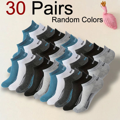 5/10/20/30 Pairs Men Ankle Socks Fashionable Letter Sports Style Odor Proof Sweat Absorbing Breathable Invisible Running Socks