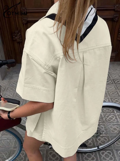 Oymimi Fashion Beige 2 Piece Sets Woman Outfit Elegant Lapel Short Sleeve Pockets Side Slit Shirts And High Waisted Shorts Sets