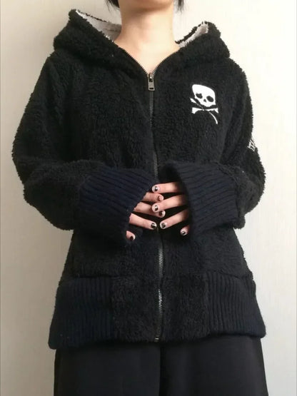 2025 Winter Y2k Lamb Wool Jackets Gothic Hoodies Women Vintage Casual Long Sleeve Hooded Coat Harajuku Skull Zipper Sweatshirts