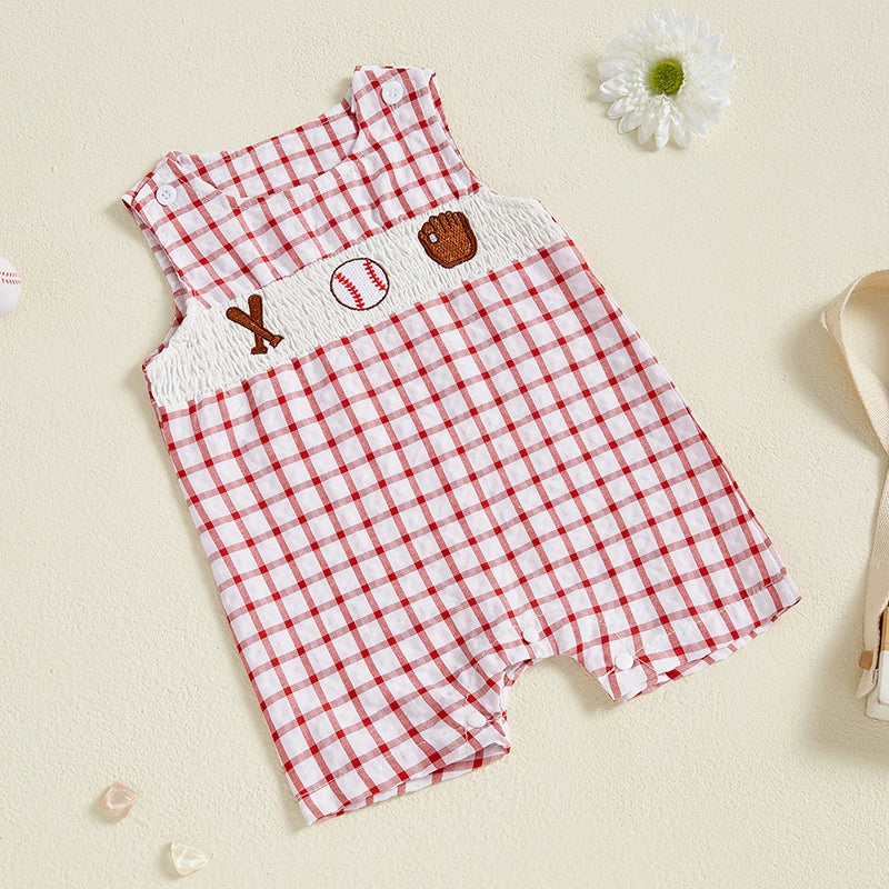 Newborn Baby Boy Girl Baseball Outfit Sleeveless Overalls Romper Smocked Baseball Bubble Summer Plaid Bodysuit