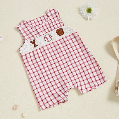 Newborn Baby Boy Girl Baseball Outfit Sleeveless Overalls Romper Smocked Baseball Bubble Summer Plaid Bodysuit