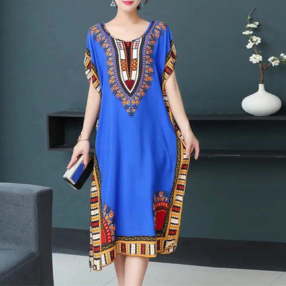 Casual Elegant Bohemian Printed Ethnic Style Retro Floral Woman Summer Street Wear Batwing Sleeve Loose Tunic Maternity Dress