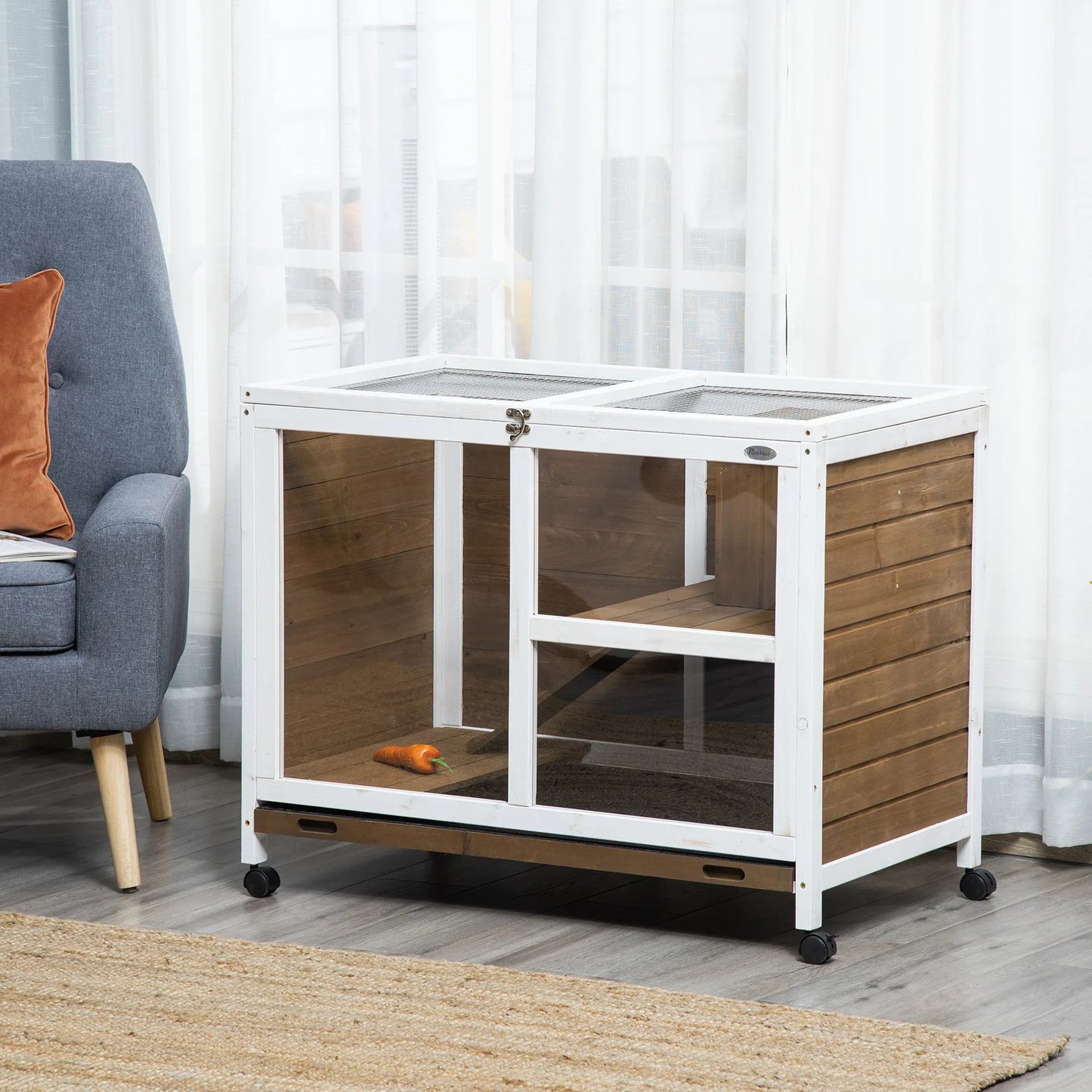 Hutcrate rabbit Cage on castors small animals enclosure in solid drink 2 floors sunroof 91,5x53,3x73 cm Brown