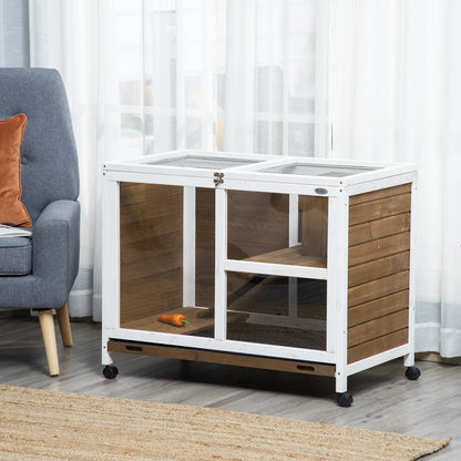 Hutcrate rabbit Cage on castors small animals enclosure in solid drink 2 floors sunroof 91,5x53,3x73 cm Brown