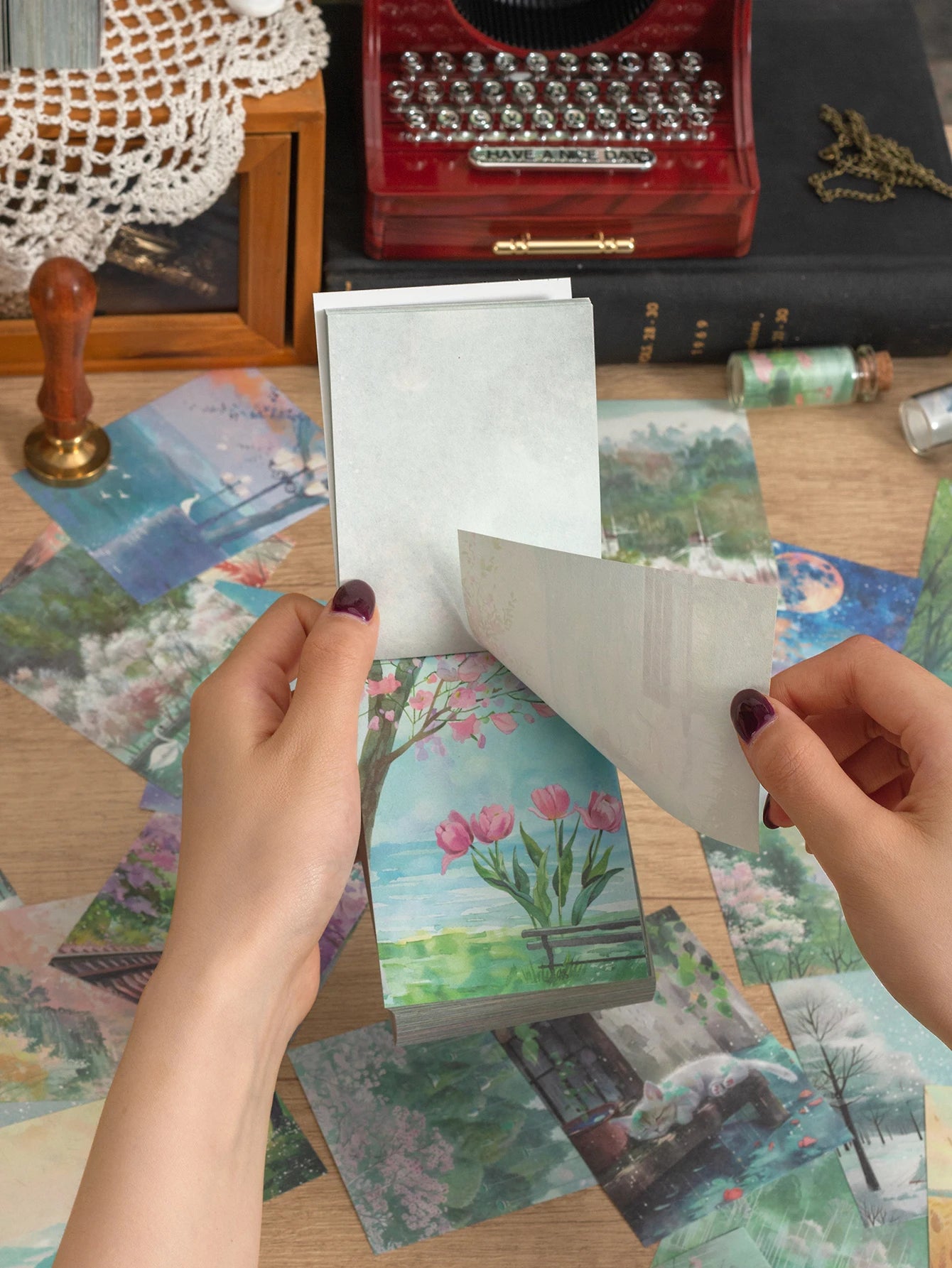 200 Sheets per Book of Different Themed Patterned Paper, with Floral and Landscape Designs, for DIY Diary, Scrapbook Decoration