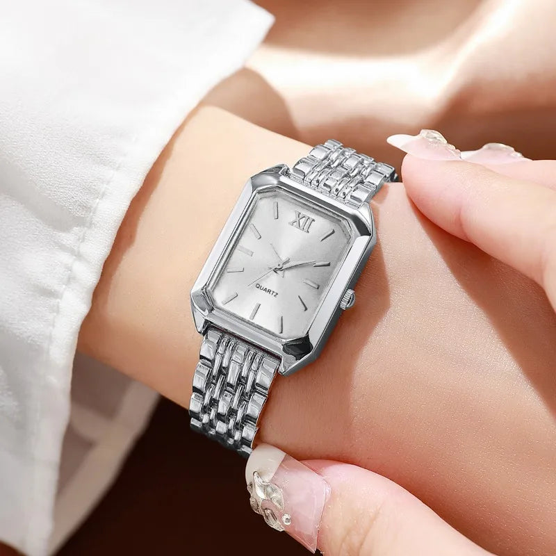 5PCS Womens Elegant Rectangle Rhinestone Quartz Watch Jewelry Set Fashion Women Watches Reloj Mujer Girl Clock Gift（Without Box）