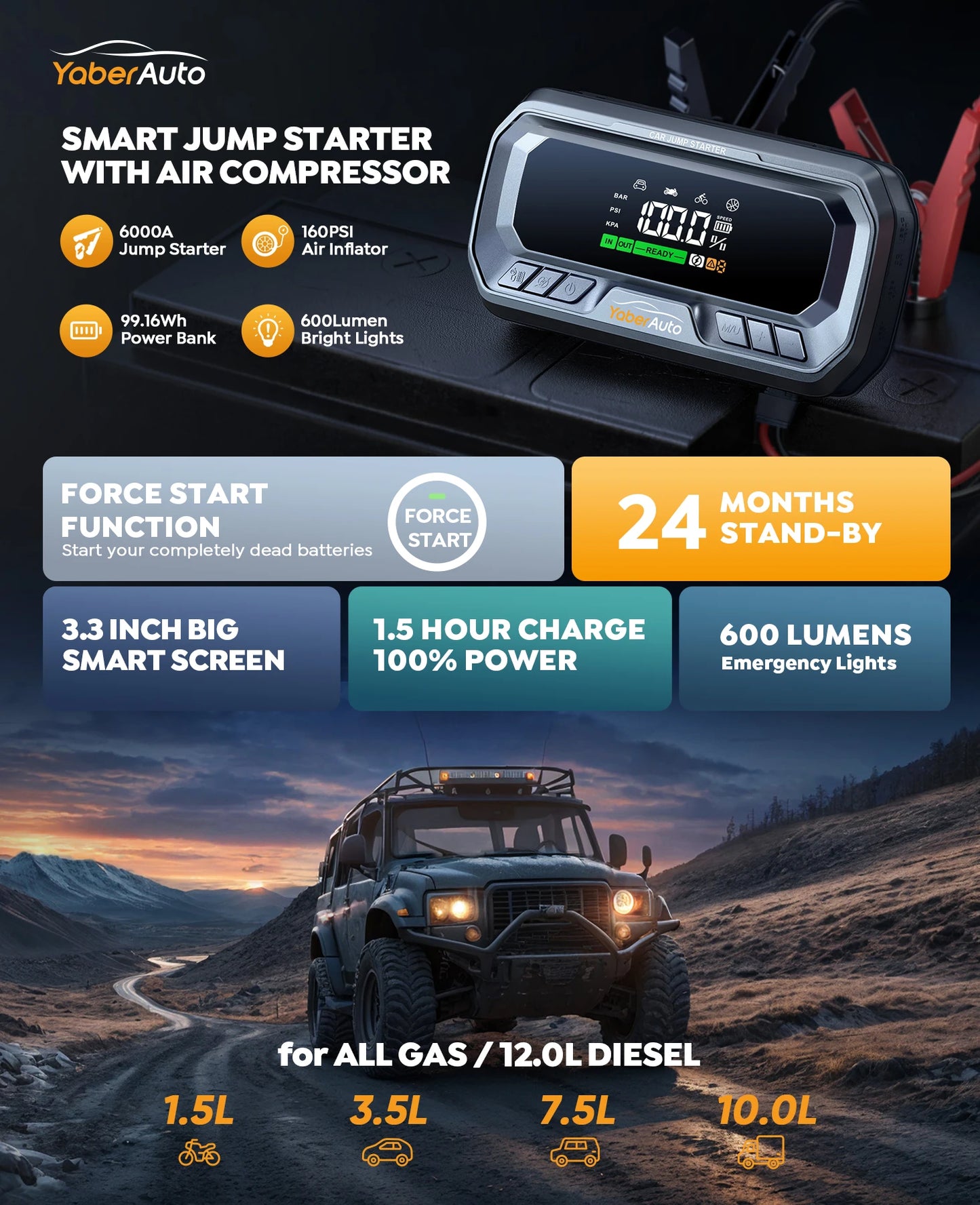 Yaber 4 In 1 6000A Jump Starter PD65W Power Bank 160PSI Air Compressor Tire Pump Portable Charger Car Booster Starting Device