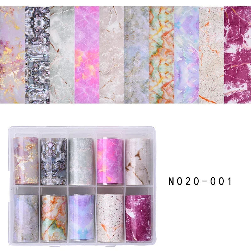 10 Patterns New Metal Nail Foils for Transfer Paper Stickers Floral Chameleon Nails Wraps DIY Water Marble Nail Art Decorations
