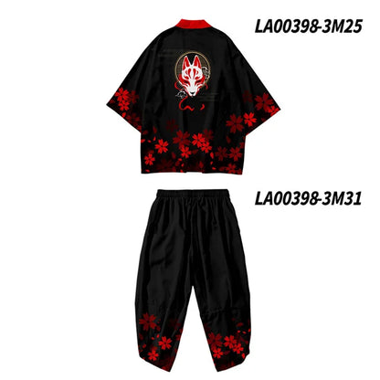 Large Size 5XL 6XL Japanese Kimono Cardigan Pants Set Print Fox Men Women Shirt Tradition Yukata Haori Obi Cosplay Costume