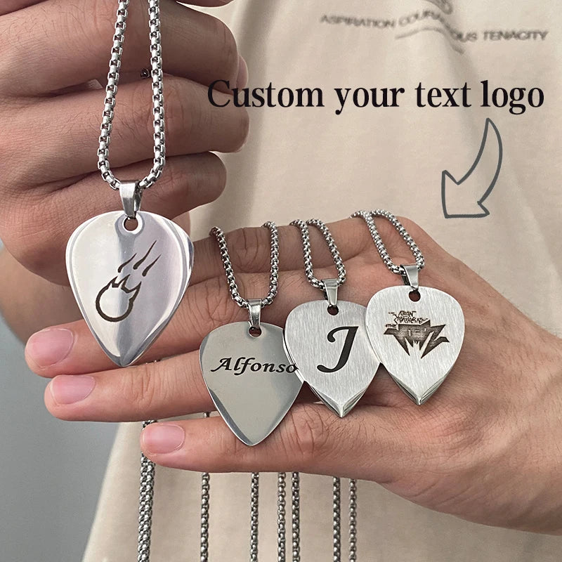 WLP Fashion Guitar Pick Personalized Pendant Stainless Steel Necklace for Men Women Custom Text Pattern Collar Necklace Jewelry